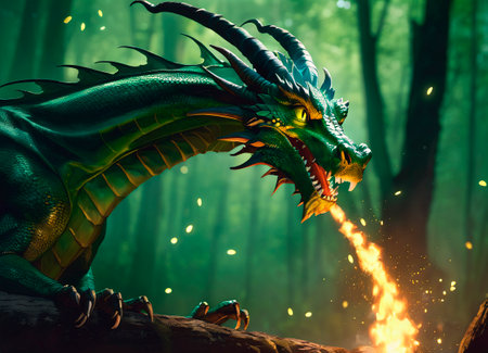 The green dragon spews fire in the forest.の素材