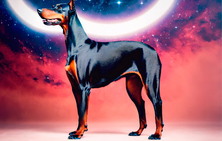 Portrait of a black Doberman Pinscher in front of a red backgroundの素材
