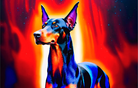 Portrait of a black Doberman Pinscher in front of a red backgroundの素材