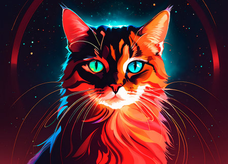 Colorful portrait of a cat on a dark background.の素材
