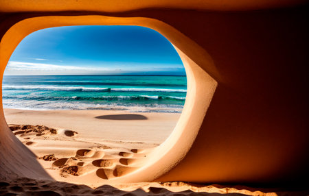 Beautiful view of the beach from the window of a caveの素材