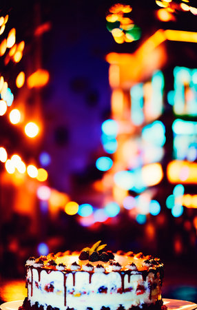 Birthday cake on wooden table with blurred lights in the backgroundの素材