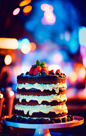 Birthday cake on wooden table with blurred lights in the backgroundの素材
