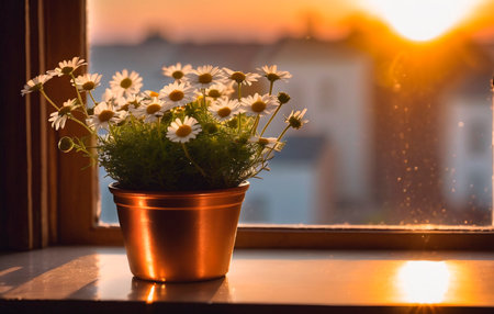Beautiful bouquet of daisies in a pot on the windowsillの素材