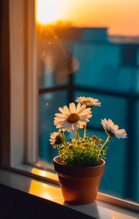 Beautiful bouquet of daisies in a pot on the windowsillの素材