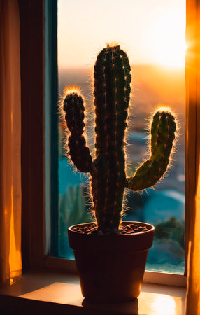 Cactus in a pot on the windowsill against the background of the setting sunの素材