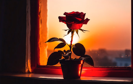 Red rose in a pot on the windowsill against the background of the setting sun.の素材