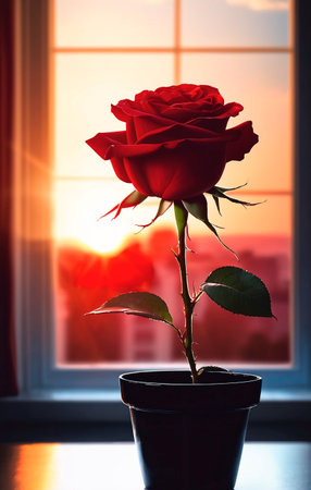 Red rose in a pot on the windowsill against the background of the setting sun.の素材