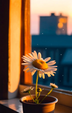 Beautiful bouquet of daisies in a pot on the windowsill.の素材