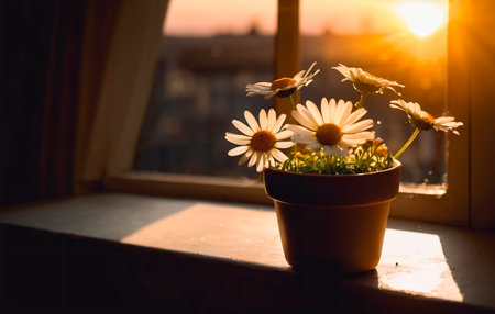 Beautiful bouquet of daisies in a pot on the windowsill.の素材