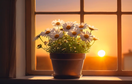 Beautiful bouquet of daisies in a pot on the windowsill.の素材