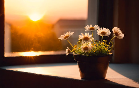 Beautiful bouquet of daisies in a pot on the windowsill.の素材