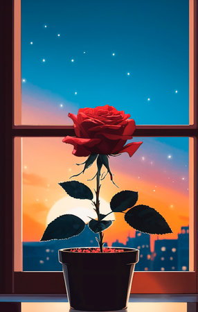 Red rose in a pot on the windowsill against the background of the setting sun.の素材