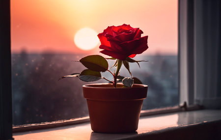 Red rose in a pot on the windowsill against the background of the setting sun.の素材