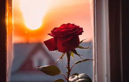 Red rose on the windowsill at sunset. The concept of Valentine's Day.の素材
