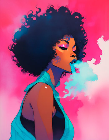 beautiful african american woman smoking a cigarette. A woman lets out smoke from behind her mouthの素材