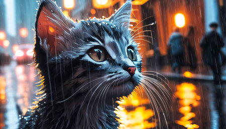 Cute little kitten standing in the rain on a rainy day.の素材