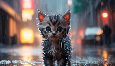 Cute little kitten standing in the rain on a rainy day.の素材