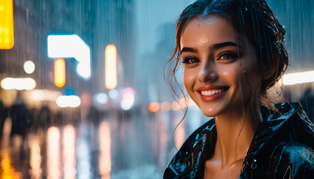 A woman smiling with rain drops on her face.の素材