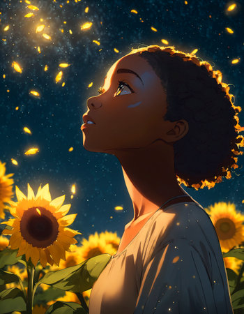 Beautiful african american woman in sunflower field at nightの素材