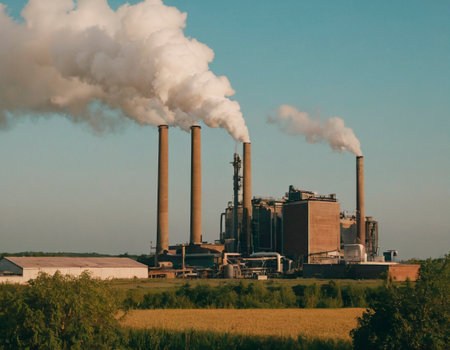 Industrial landscape with smokestack and smoking chimneysの素材