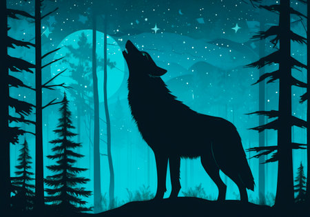 Silhouette of wolf in the forest at night.の素材