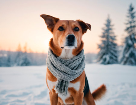 Portrait of a dog in a scarf on a background of winter forest.の素材