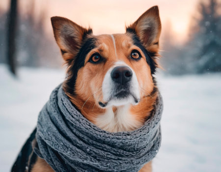 Portrait of a dog in a scarf on a background of winter forest.の素材
