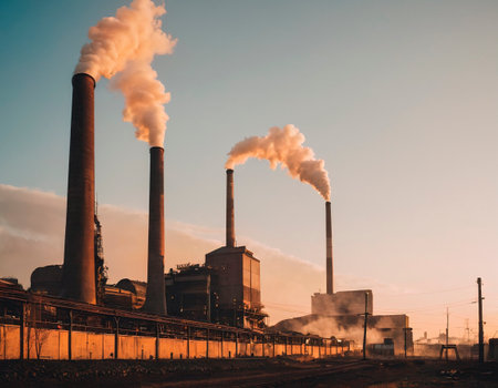 Industrial landscape with smokestack and smoking chimneysの素材