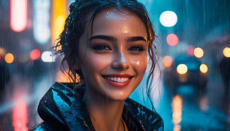 A woman smiling with rain drops on her face.の素材