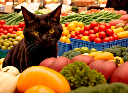 A cat in a supermarket surrounded by vegetables.の素材