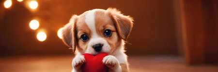Adorable Puppy Holds Red Heart In Its Paws - Sweet Pet Love. A cute puppy holds a red heart in its tiny paws, showing an expression of love and affectionの素材