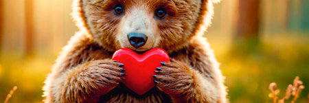 Brown Teddy Bear Holding Red Heart - Gift Of Love for Someone Special. An adorable brown teddy bear grasping a red heart-shaped symbol of love and affectionの素材