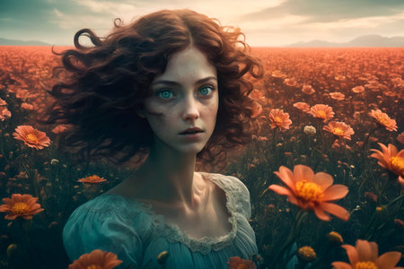 Beautiful young woman among flowers.の素材