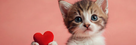 Kitten Holds Red Heart In Paws, Adorable Feline Captured With Symbol of Love.の素材