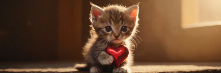 Kitten Holds Red Heart In Paws, Adorable Feline Captured With Symbol of Love.の素材