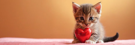 Kitten Holds Red Heart In Paws, Adorable Feline Captured With Symbol of Love.の素材