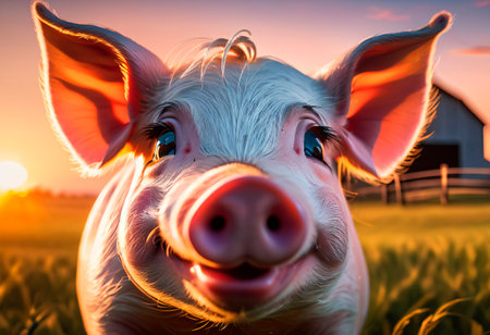 Portrait of a young pig in a field at sunset.の素材