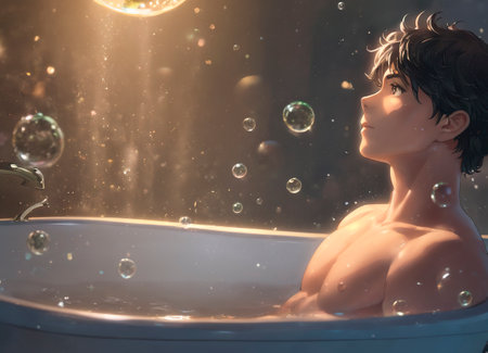A handsome man takes a bath with soap bubbles.の素材