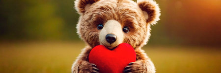 Brown Teddy Bear Holding Red Heart - Gift Of Love for Someone Special. An adorable brown teddy bear grasping a red heart-shaped symbol of love and affectionの素材