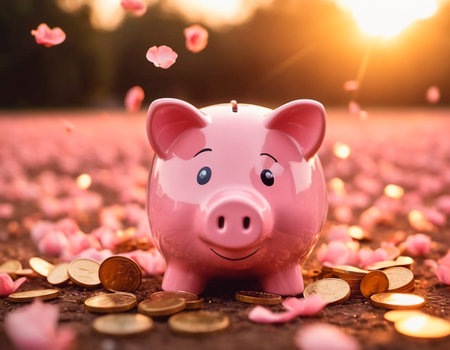 Piggy bank with gold coins on the background of the forestの素材