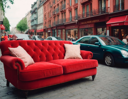 Red sofa in the street of the old town.の素材