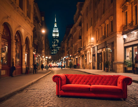 Red sofa in the street of the old town.の素材