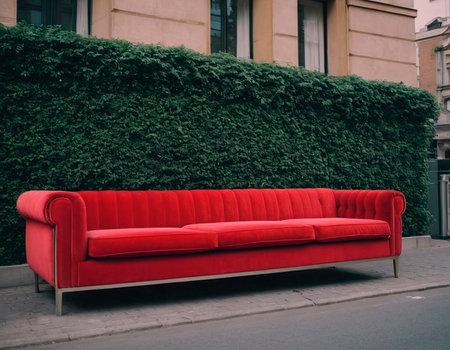 Red sofa in the street of the old town.の素材