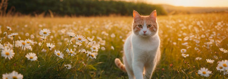 A cat walks in a field with daisiesの素材