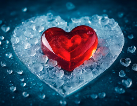 Red heart on ice cubes. Valentines day background. Love conceptの素材