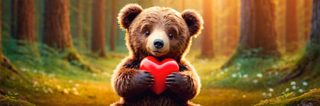 Brown Teddy Bear Holding Red Heart - Gift Of Love for Someone Special. An adorable brown teddy bear grasping a red heart-shaped symbol of love and affectionの素材