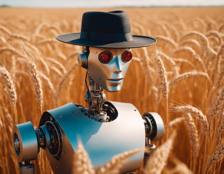Close-up of a robot with a hat on a wheat field.の素材