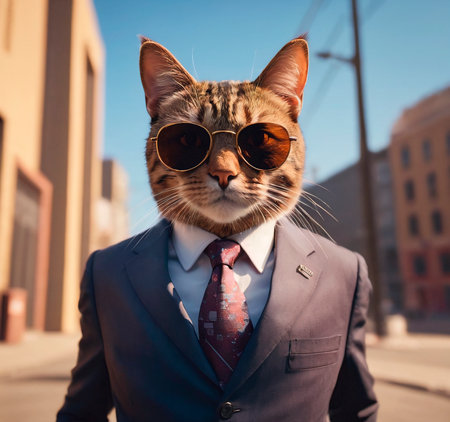 portrait of a cat in sunglasses and a business suit with a tie on the street.の素材