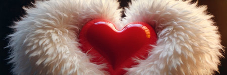 Red heart with white feathers on a dark background. Valentine's Day.の素材